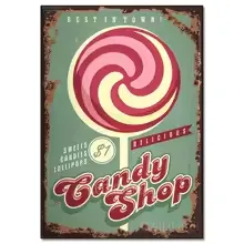 Peinture diamant Diamora, motif d'affiche rétro de confiserie : une grosse sucette spiralée rose et blanche sur fond vert d'eau, lettrage publicitaire ancien, aplats francs et palette réduite — la structure de motif qui convient à un enfant qui débute